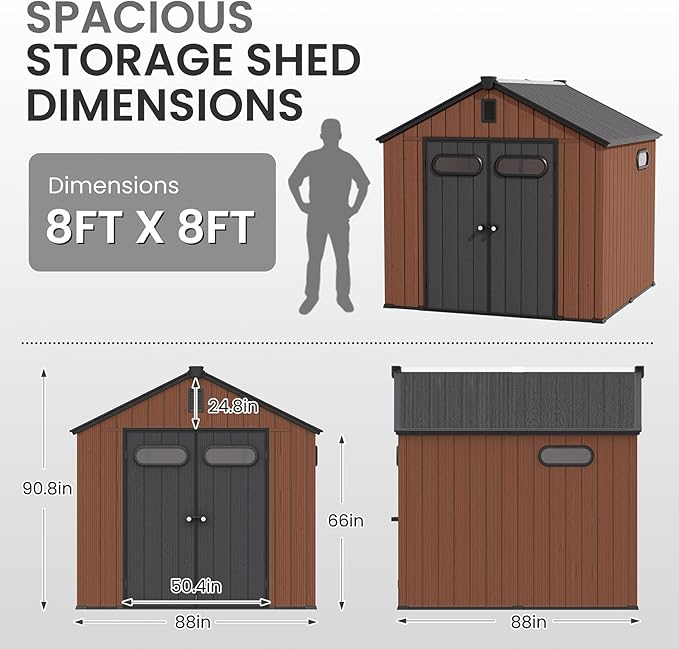 CRESTLIVE 8x8 FT Rust-Resistant Plastic Outdoor Storage Shed, Waterproof Resin Garden Shed with Floor, Doors, Skylight & Vent for Lawn Tools & Bikes