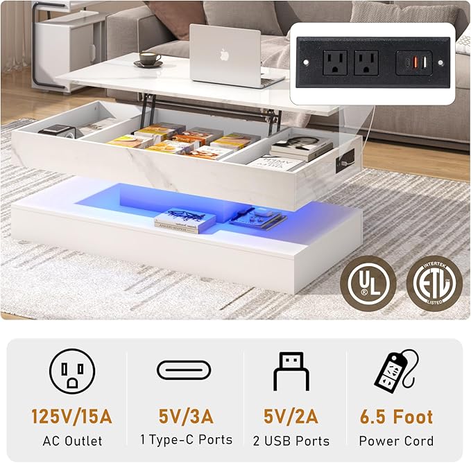 47.2" Large Lift Top Coffee Table with Charging Station, LED Modern High Glossy Center Table with Hidden Compartment Storage, White Lift Living Room Tables with Marbling Print, White
