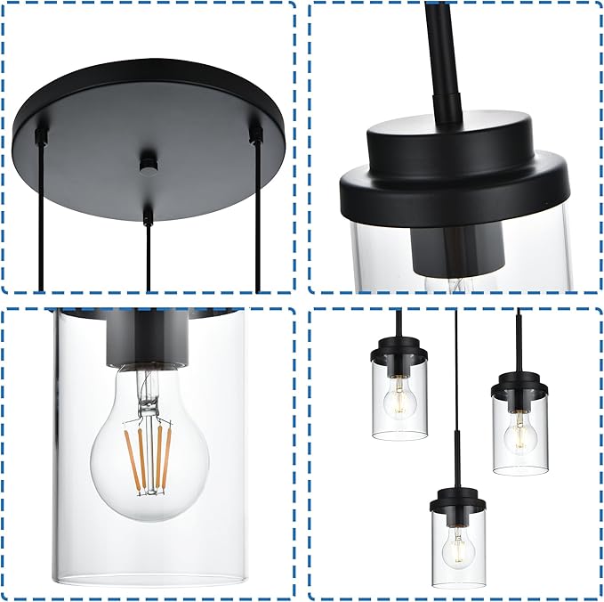 MELUCEE 3-Light Farmhouse Black Pendant Lights Kitchen Island, Modern Light Fixtures Ceiling Hanging with Clear Glass Shade Cluster Pendant Lighting for Dining Room Kitchen Hallway Stair