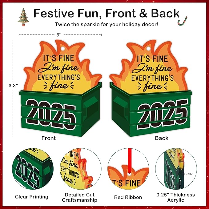 PETCEE Dumpster Fire Funny Christmas Ornaments 2025 - Hilarious Funny Acrylic Christmas Decor Unique Inappropriate Gifts for Adults Family Friends Coworkers Novelty 2025 Christmas Ornaments