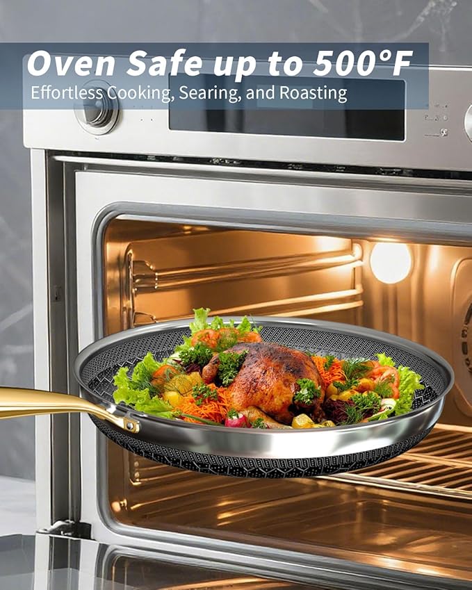 FogDream 5pcs Stainless Steel Cookware, Tri Ply Pots And Pans Set, Non Stick Frying Pans, Soup Pot & Sauce Pan With Tempered Glass Lids, Cool Handles, Dishwasher Safe, Induction Compatible, Gold