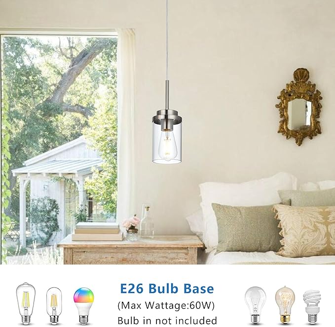 MELUCEE 1-Light Small Glass Pendant Lights Brushed Nickel, Adjustable Hanging Lamp Ceiling for Dining Room Kitchen Island, Mini Chandelier with Clear Glass Shade