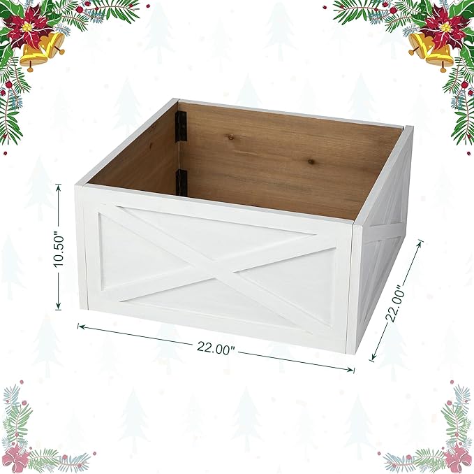 Glitzhome 22 inch Wooden Christmas Tree Collar Farmhouse Modern Stand Cover Skirt Base Box for 7.5/9 FT Artificial Xmas Holiday Decoration, Washed White
