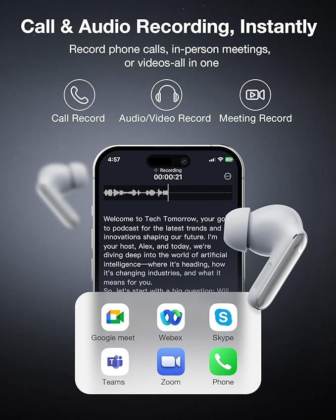 RecDot AI Voice Recorder Earbuds, viaim AI Meeting Assistant with Transcription, 78 Languages, FlashRecord, to-Do Lists & Summaries with viaim AI, 48dB ANC for Meetings, Interviews & Lectures, Sliver