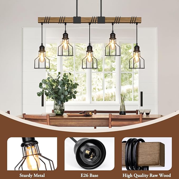 5-Light Dining Room Light Fixture, 63" Adjustable Height Pendant Lights Kitchen Island Black Metal & Rustic Wood Modern Linear Ceiling Chandeliers Over Table with E26 Base for Farmhouse Bar