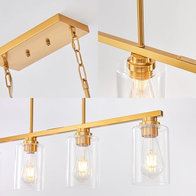 Island Light for Kitchen, Brushed Gold Dining Room Light Fixture Over Table, 4-Light Linear Chandelier Pendant Lighting for Dining Table Kitchen Island Living Room