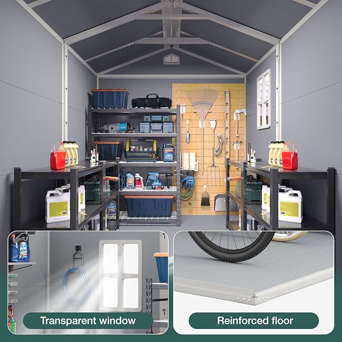 6 X 8FT Storage Shed Plastic Outdoor Storage Shed Waterproof Outdoor Shed with Lockable Door and Transparent Window for Garden, Lawn, Backyard