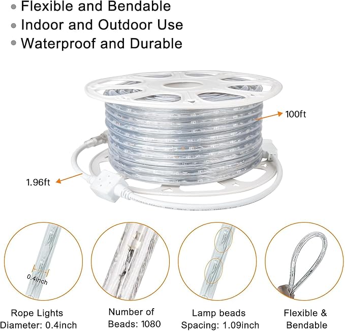 SURNIE LED Rope Lights Outdoor Warm White, Waterproof 100FT Cuttable 3000K Soft Lighting Indoor 110V Connectable Flexible Clear Tube for Bedroom Outside Garden Deck Patio Camping Decor, Not Flat Strip