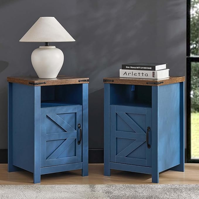 Navy Blue Farmhouse Nightstand Set of 2, Rustic End Table with Barn Door and Shelf, Bedside Table with Charging Station for Living Room, Bedroom