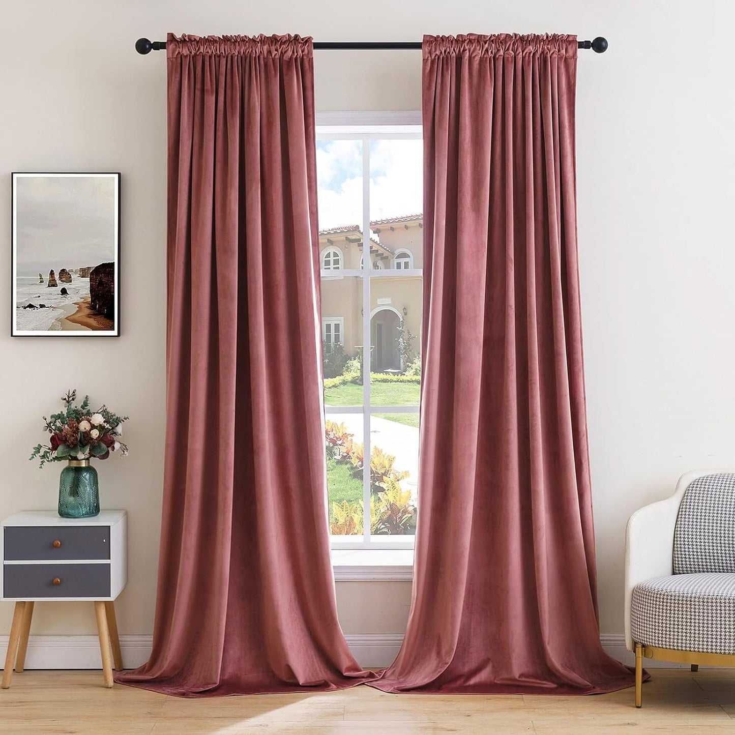 MIULEE Dusty Rose Pink Velvet Curtains Thermal Insulated Blackout Curtain Drapes for Bedroom Living Room Darkening 92 Inches Long Curtains Panels Rod Pocket Set of 2