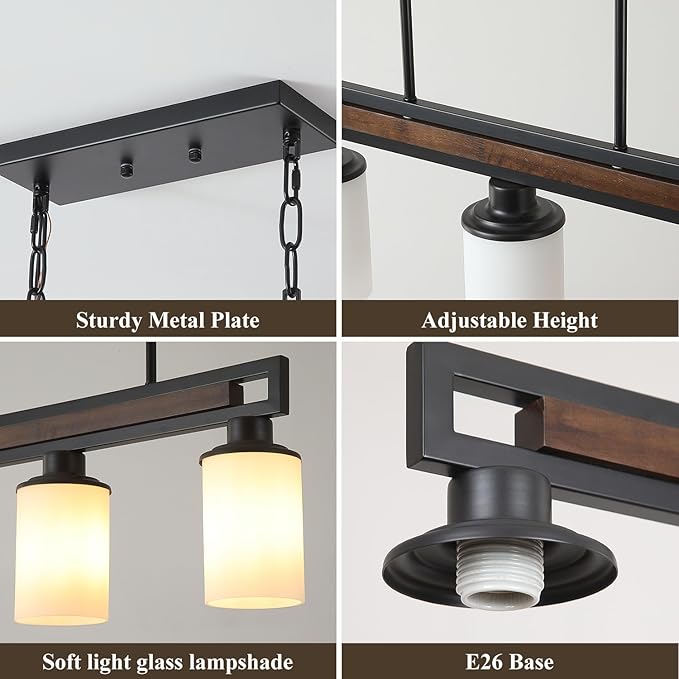 Farmhouse Dining Room Light Fixture, 3-Light Wood Kitchen Island Lighting for Dining Room Over Table, Black Adjustable Pendant Light with Milk Glass Shades, Linear Chandeliers Lighting for Kitchen