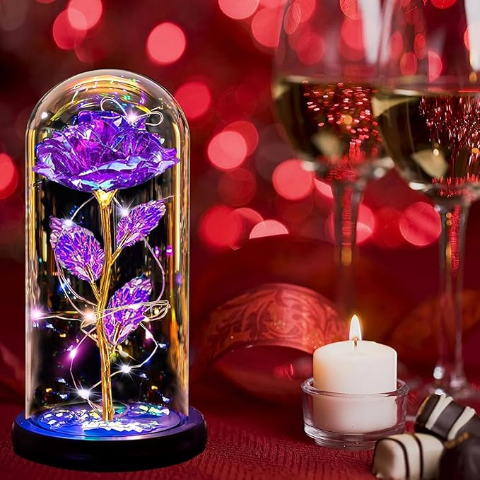 Christmas Rose Gifts for Women Mom, Womens Gifts for Christmas, Glass Flower Gifts for Sister, Rose Enchanted Crystal Flower Gift Light Up in Glass Dome,Birthday Gift for Women Wife Purple