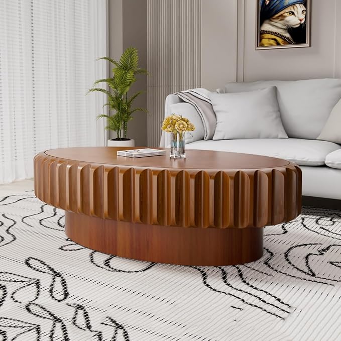 43.3" Oval Drum Coffee Table with Storage Retro Rustic Center Tables - Solid Wood Handcrafted Relief Veneer for Farmhouse Apartment (C Oval 43.3in)