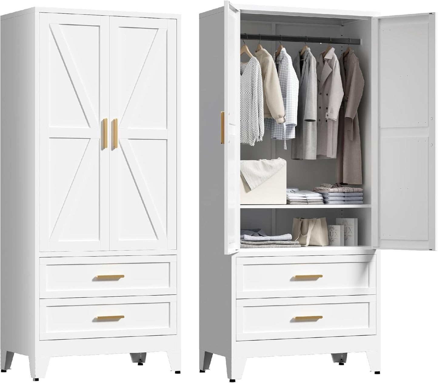 71'' Farmhouse Metal Wardrobe Cabinet with Hanging Rod, 2 Barn Door Wardrobe Closet with Adjustable Shelves,2 Drawer,for Dining Room,Bedroom,Living Room, Cloak Room,Office (White)