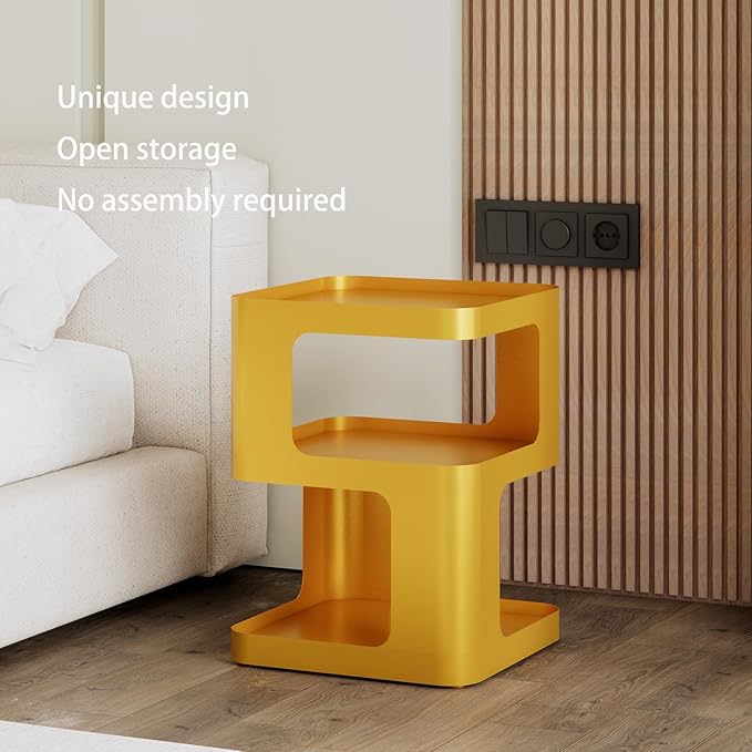 Gold Side Table,Modern end Table with Storage,Unique nightstand,Metal Bedside Tables,Accent Table for Living Room,Bedroom,Couch.no Assembly Required