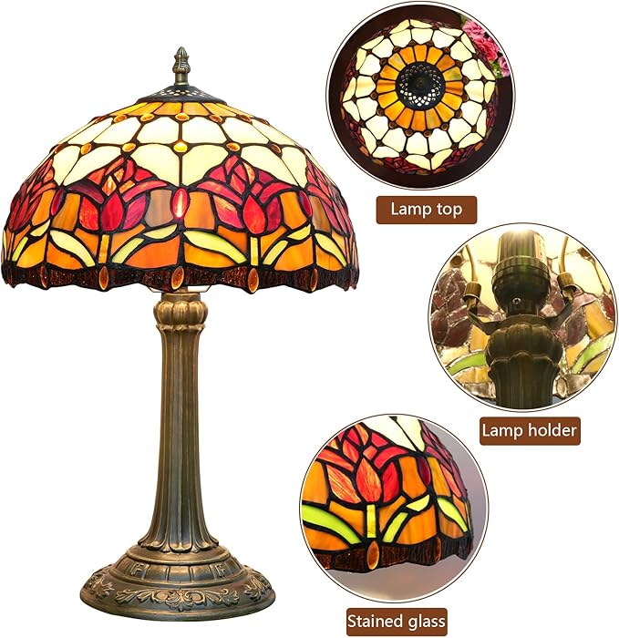 Red Tulip Tiffany Style Stained Glass Table Lamp Bed Room Bedside Reading Desk Light for Living Office Dormitory Bar Retro Unique Cute Accent Decor Cottage 12" Village Gift Nightstand Lamps