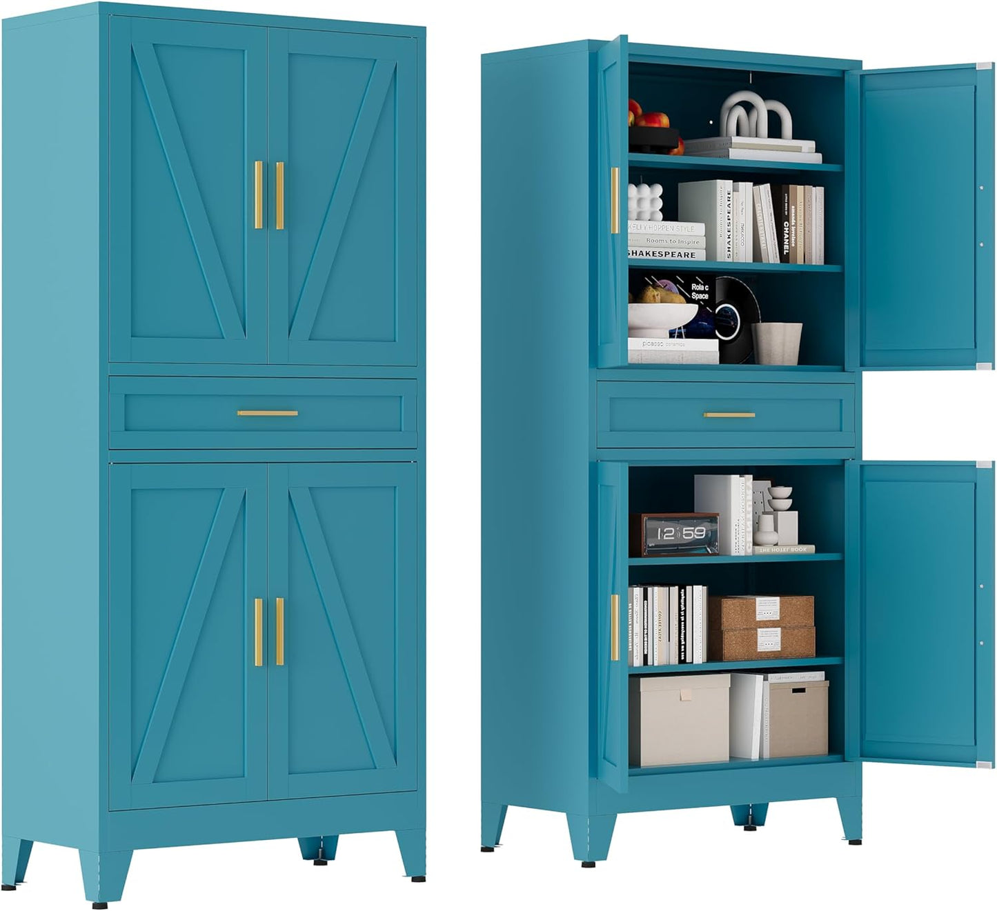 71 "Farmhouse Metal Filing Cabinet with a Drawer and 4 Adjustable Shelves, with 4 Large barn Door White Kitchen Cabinets, Metal Food Cabinets for Home, Kitchen, Dining/Living Room (Peacock Blue)