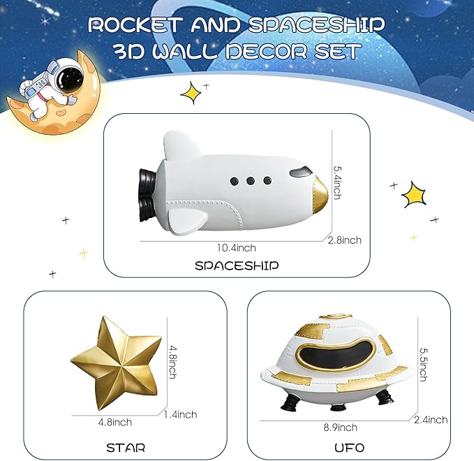 FJS 3Pcs Rocket Spaceship Outer Space Wall Decor, Cute Wall Sculptures for Boys Room Decor, Astronaut Galaxy Nursery Decor, 3D Outer Space Theme Bedroom Wall Decor for Kids Room