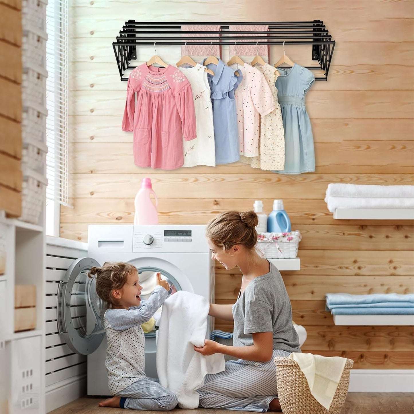 XL-31.5'' Wall Mounted Clothes Drying Rack, 130 lbs Large Capacity Rustproof Retractable Collapsible Drying Rack Easy Install with 7 Drying Rods, Space Saving Towel Clothes Rack for Laundry-Black
