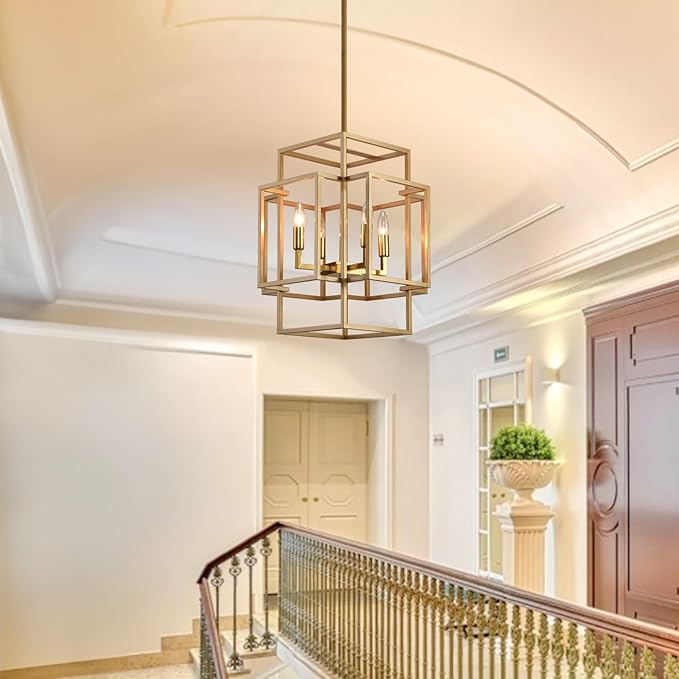 WJShome 4 Light Gold Chandelier, Industrial Ceiling Lantern Pendant Light Adjustable Height Farmhouse Foyer Lighting Fixtures, for Dining Room Kitchen Island, Entryway, Indoor