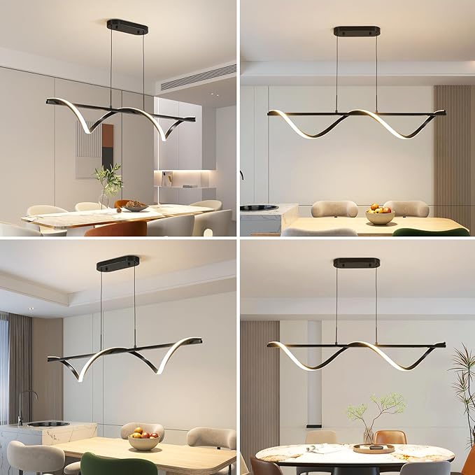 ziidoo Kitchen Island Lighting ，43.3in Dimmable Dining Room Light Fixture Over Table Linear LED Black Wave Spiral Chandeliers Modern Pendant Lights for Living Room Ceiling Hanging Light