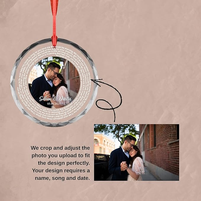 Love Letter Circle Ornament – Custom Photo, Names & Date – Personalized Acrylic/Glass Ornament with Poem or Lyrics – Couple Gift