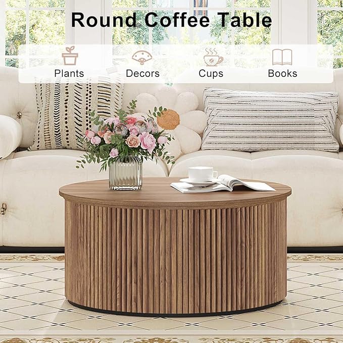 FATORRI Round Coffee Table, Fluted Woodern Center Table, Mid-Century Modern Coffee Tables for Small Space, Living Room, Bedroom (31.5 Inch, Walnut)
