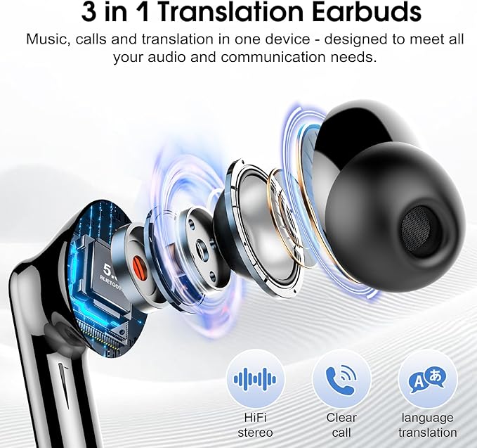 Ai Translation Earbuds Real Time, Simultaneous Interpretation Translator Earbuds with 6 Translation Modes/164 Languages, No Subscription Translatior Headphones,40H Audifonos Traductores Inglés Español