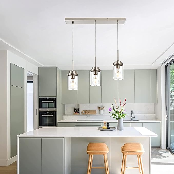 MELUCEE Kitchen Pendant Lighting Over Island 3 Lights Linear Chandelier Brushed Nickel Finish Dining Room Light Fixtures Ceiling Hanging Lamp with Clear Glass Shade, 20.5 Inches Length
