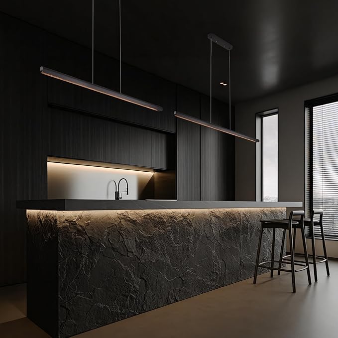 Modern Linear LED Chandelier, 31" Wall-Dimmable Pendant Light Kitchen Island Light with Wood & Aluminum, 19W LED Pendant Light for Dining Room, Office, 100-240V, CRI>90 Black