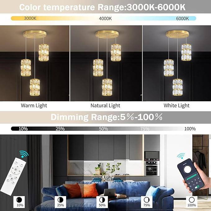3-Lights Modern Crystal Pendant Lights for Kitchen Island LED Dimmable Glam Pendant Lighting Chandelier for Dining Room Hallway Corner Lamp Gold