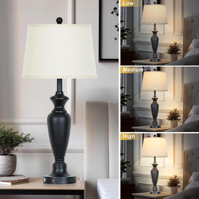 30" Tall Black Table Lamp, 3-Way Dimmable Touch Control Bedside Lamp with USB A+C & AC Outlet for Bedroom, Living Room (1 Pack)