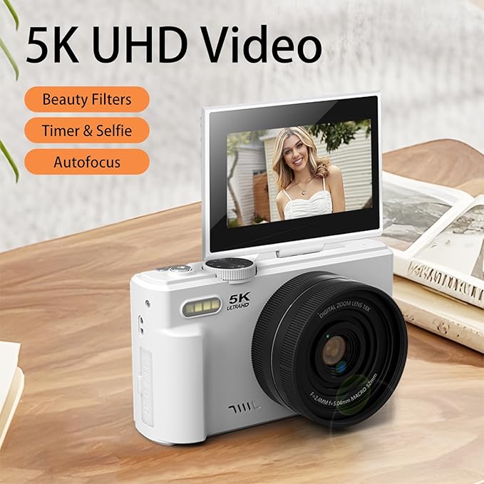 5K 75MP Digital Camera 18X Digital Zoom, Upgraded Vlogging Cameras with WiFi & Mic, Wide Angle & Macro Lens, 3" 180°Flip Screen Webcam Travel Cameras for Teens, Beginner with 64GB Card, HDMI