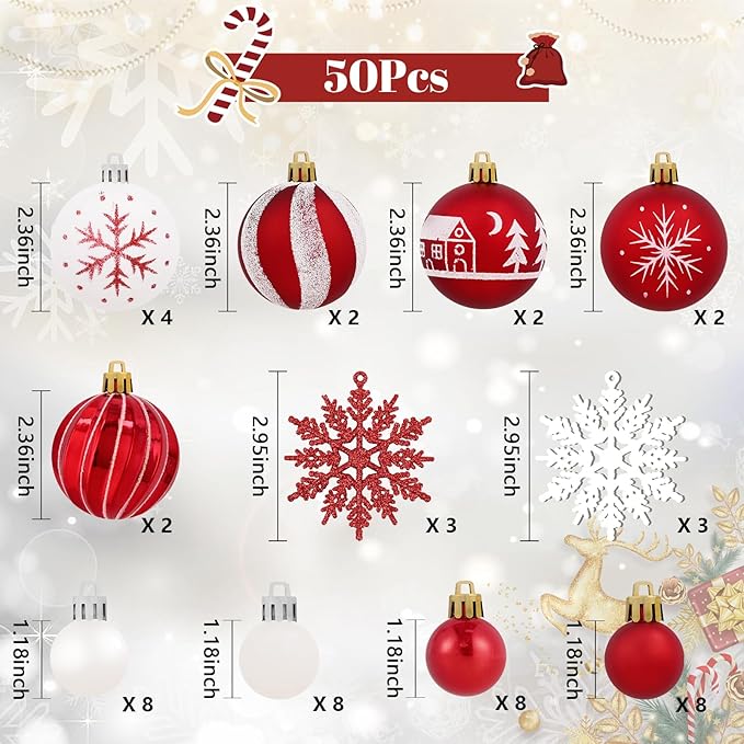 50Pcs Christmas Tree Ornaments - 2.36''/60mm Christmas Ball Ornaments Set for Xmas Tree Holiday Party Wedding Home Decorations (Red & White)