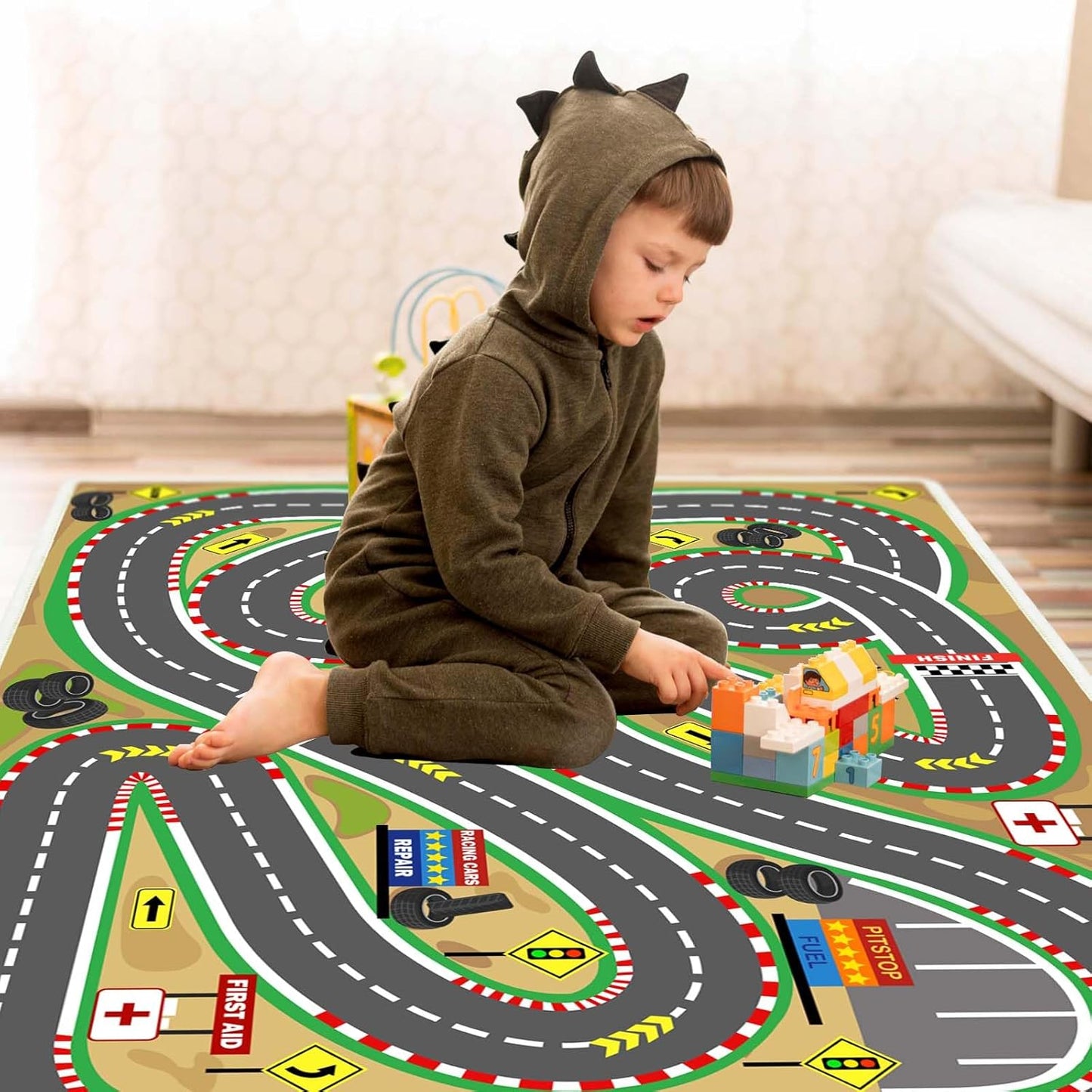 Kids Rug Play mat Playroom Rugs Car Rugs for Kids Toy Cars Race Track for Classroom Rug (Race-Brown, 5.2x7.9ft)