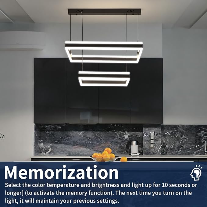 Modern LED Chandelier, Black Pendant Light for Kitchen Island, Adjustable 2 Ring Rectangle Ceiling Lighting Fixture, Dimmable Minimalist Over Table Hanging Light for Living Dining Room, Entryway