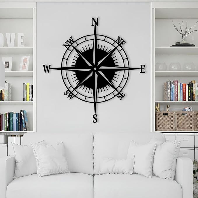 Idadey Metal Compass Wall Art, Compass Rose Wall Decor, Nautical Wall Sculpture, Living Room Wall Hanging (White, 31"x31")