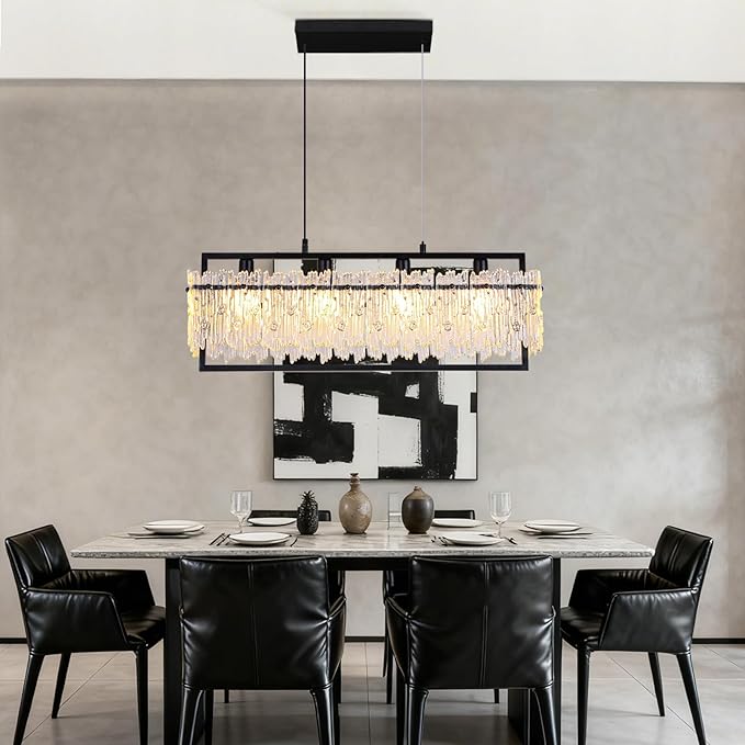 MantoLite Dining Room Light Fixture Modern Rectangle Golde Crystal 4-Light Chandeliers for Dining Room 25" Linear Farmhouse Lighting Fixture for Kitchen Island Light Living Room