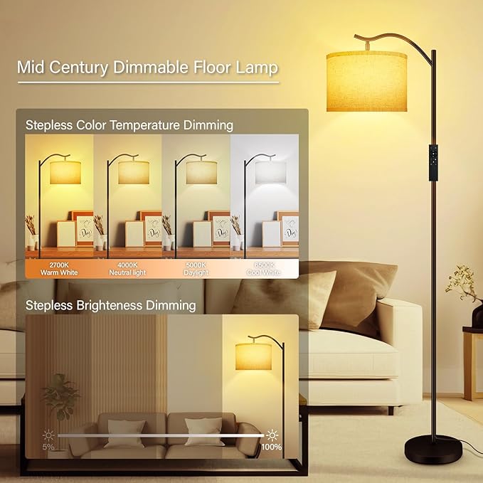 BoostArea Floor Lamp for Living Room,Arc Floor Lamp with Remote Control,Stepless Dimmable Brightness & Colors Temperature 2700k-6500k,Modern Standing Lamp for Bedroom Study Room Office,Beige