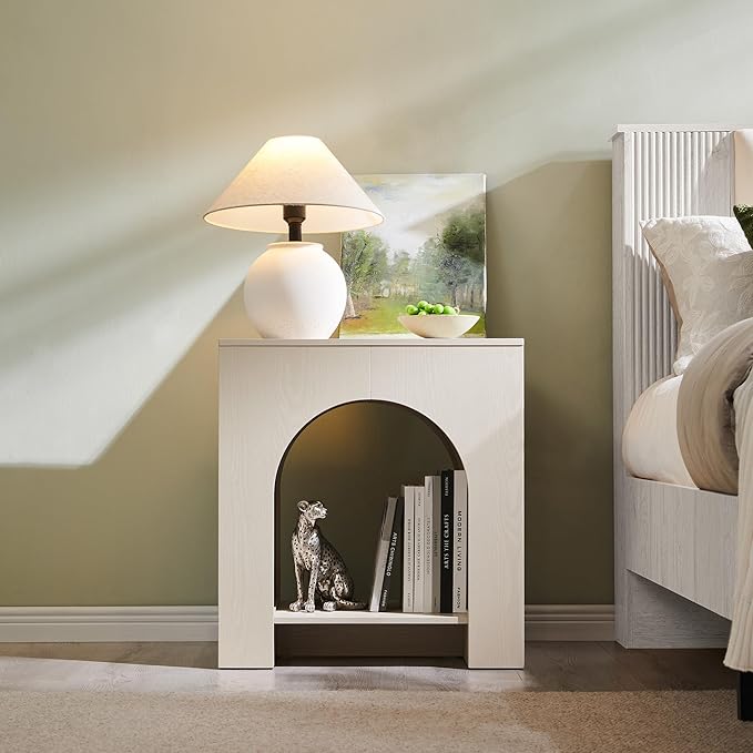 Arched End Table with Type-C Charging Station, 22" Modern Bedroom NightStand with Arched Open Shelf, Night Table with Outlet, USB, Type-C Port for Bedroom, Cream
