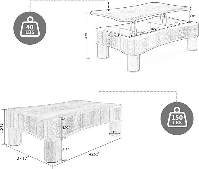 WILLIAMSPACE 42" Lift Top Coffee Table with Hidden Storage, Modern Luxury Wooden Center Table with Silent Hydraulic Lift, Curved Safety Corners, Accent Side Tea Table for Living Room, Light Brown