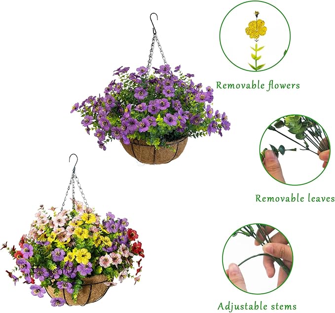 Artificial Hanging Plants Flowers with Basket 2 Packs, Artificial Hanging Flowers for Outdoors, Faux Hanging Plants Outdoor, Blue Fake Flowers, Yellow+Purple+Pink+Red&Purple