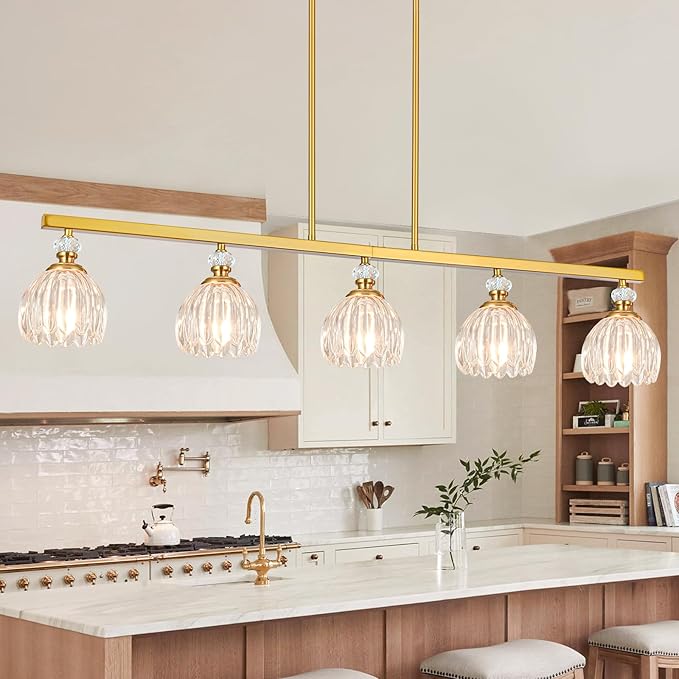 Gold Island Light for Kitchen, 5-Light Linear Chandelier for Kitchen Island with Tulip Glass Shades, Brushed Gold Finish Hanging Light Pendant Fixture Over Dining Table
