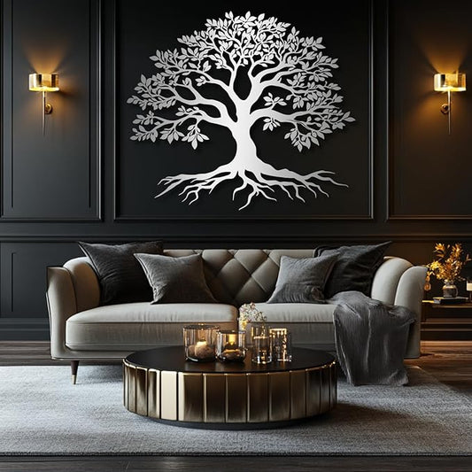 VTHTA Large Tree of Life Metal Wall Art,Tree Wall Sign for Living Room Bedroom Indoor Outdoor Garden Home Decoration (Sliver, 39" Wx34 H/100x87cm, Metal Wall Art)