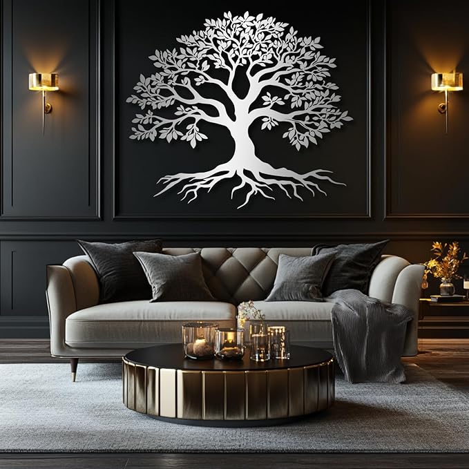 VTHTA Large Tree of Life Metal Wall Art,Tree Wall Sign for Living Room Bedroom Indoor Outdoor Garden Home Decoration (Sliver, 47" Wx41 H/120x105cm, Metal Wall Art)