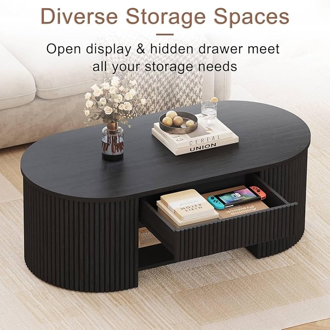 FATORRI Coffee Table for Living Room Storage, Modern Wood Fluted Center Table with Drawer, Mid-Century Oval Living Room Tables with Shelf (Black, 43.31 Inch)
