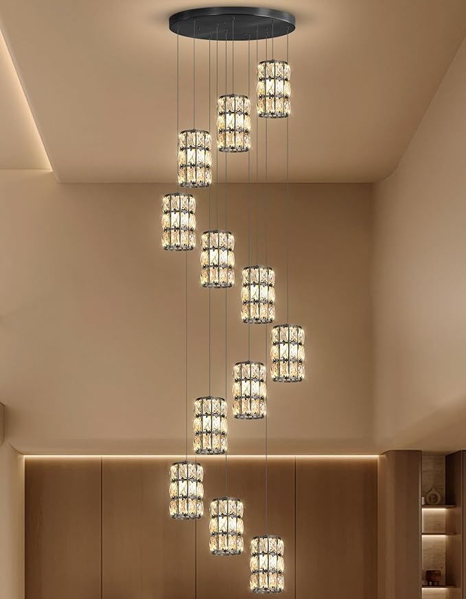 12-Lights Modern Crystal LED Dimmable for Staircase Foyer High Ceiling Chandeliers Hallway Black