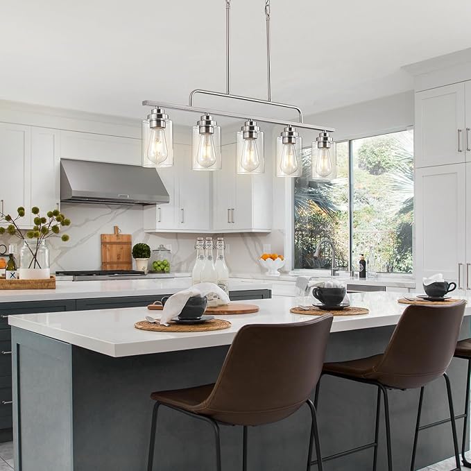 Dining Room Light Fixture - Brushed Nickel 5-Light Farmhouse Chandelier Kitchen Island Lights Fixtures Modern Linear Silvery Chandeliers Hanging Pendant Lighting Over Table