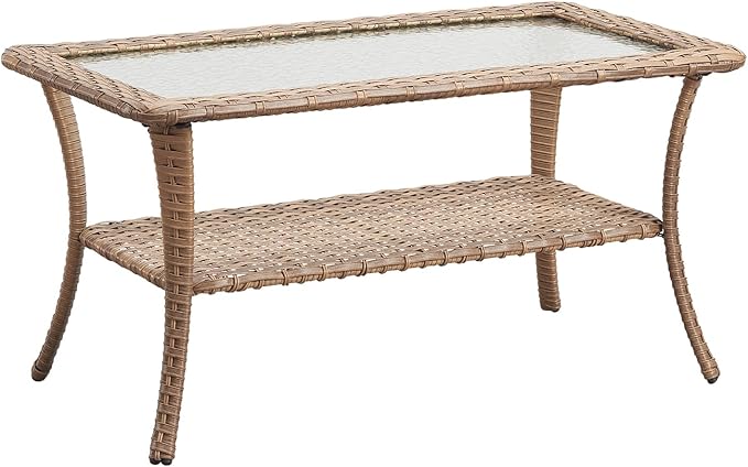 Rilyson Patio Tables Outdoor Coffee Table - Wicker Rattan Coffee Tables with 2-Tier Storage Shelf Glass Top for Outside Proch Deck Balcony Garden Rectangle Yellow