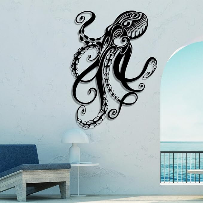 Octopus Metal Wall Art, Octopus Wall Decor, Sealife Wall Decoration, Ocean Wall Hanging, Marine Biology Decor, Metal Wall Art for Living Room, Bathroom (White, 19"x14" | 47x34cm, metal wall art)